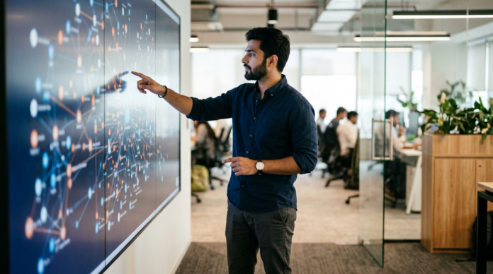 Knowledge Graph की स्क्रीन पर चर्चा करता डेटा एनालिस्ट