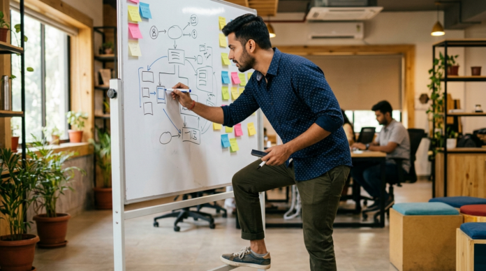 Lean Startup आइडिया व्हाइटबोर्ड पर स्केच करता फाउंडर
