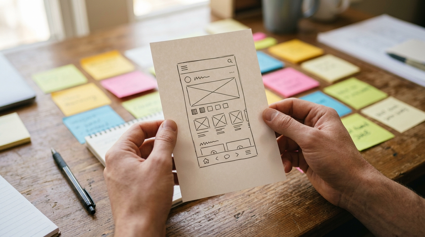 Lean Startup MVP का पेपर प्रोटोटाइप हाथों में