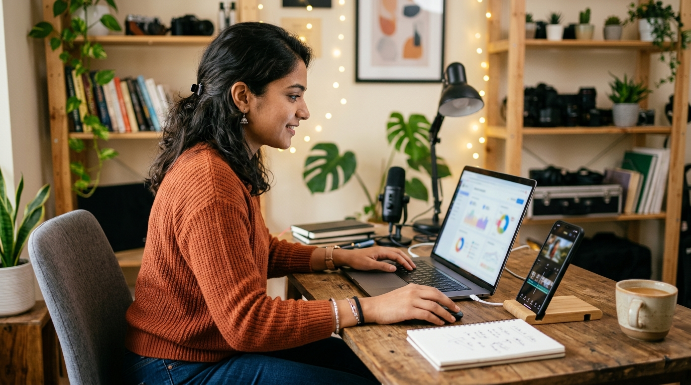 Meta Business Suite डैशबोर्ड लैपटॉप और फोन पर मैनेज करता कंटेंट क्रिएटर