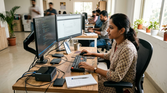 Mini PC से डुअल मॉनिटर पर काम करता ऑफिस एम्प्लॉई