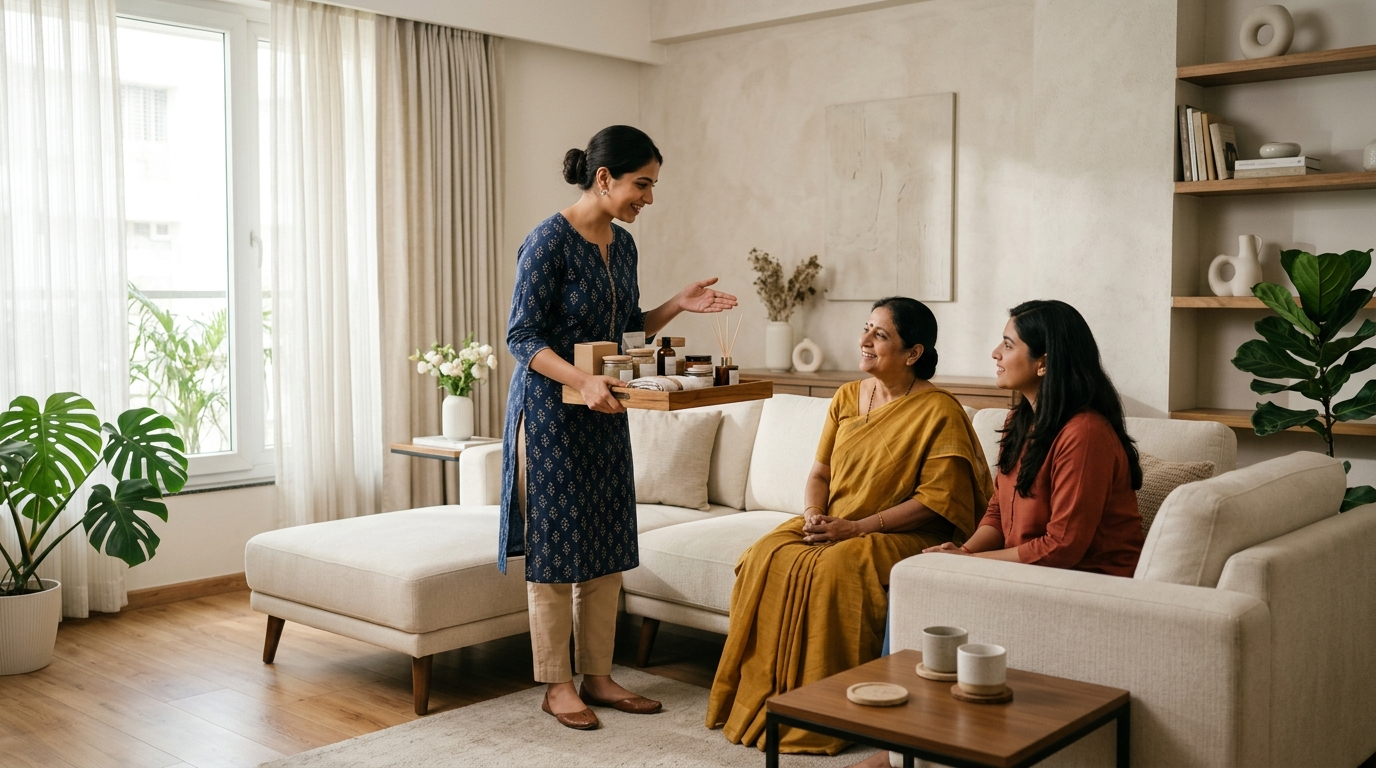 Network Marketing के तहत घर पर प्रोडक्ट डेमो देती महिला डिस्ट्रीब्यूटर