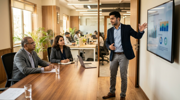 Pitch Deck स्लाइड इन्वेस्टर्स को प्रेजेंट करता फाउंडर