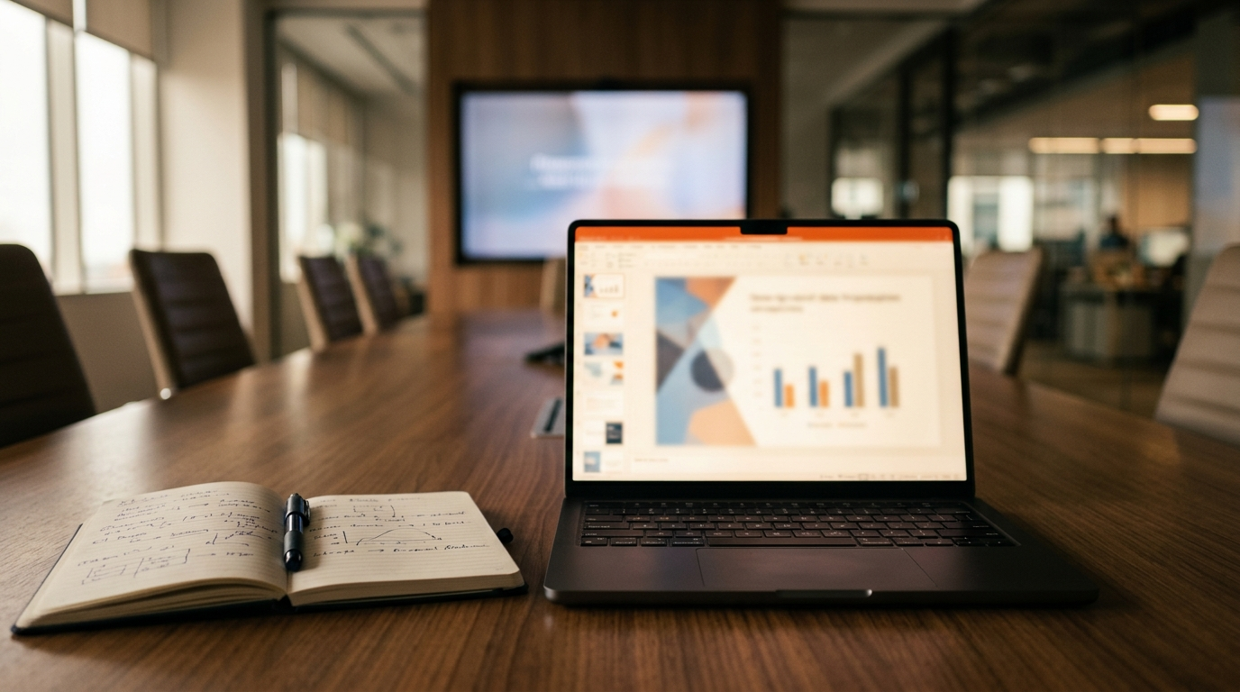 Pitch Deck के स्लाइड्स लैपटॉप स्क्रीन पर बोर्डरूम टेबल पर