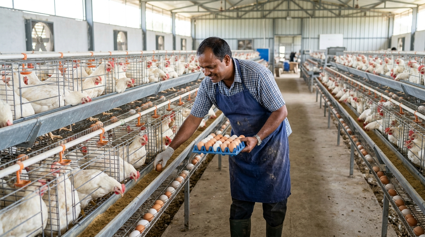 Poultry Farming में अंडे इकट्ठा करता किसान