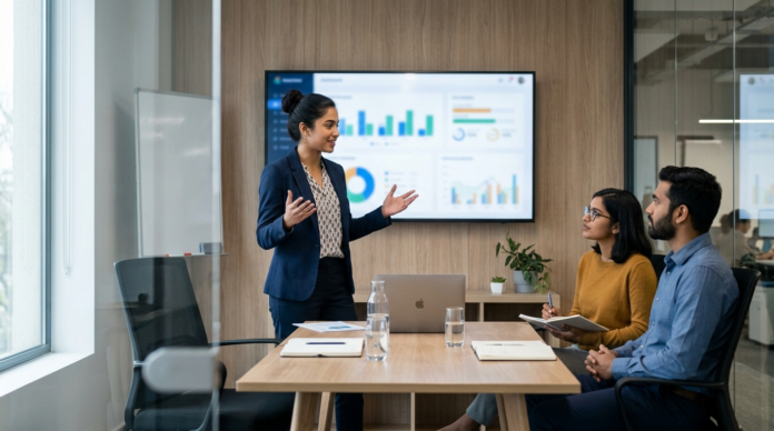 Power BI Service डैशबोर्ड टीम को प्रेजेंट करता एनालिस्ट