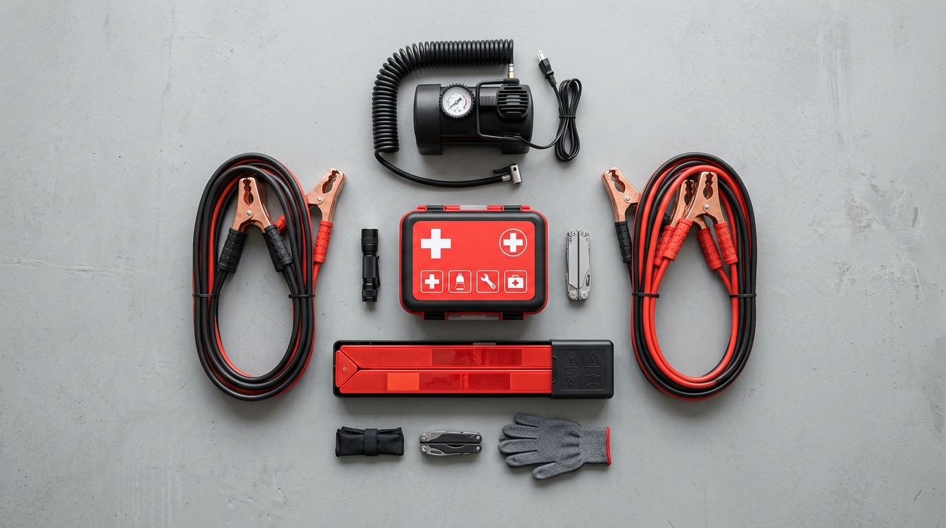 Road Trip Car Accessories flat lay essentials