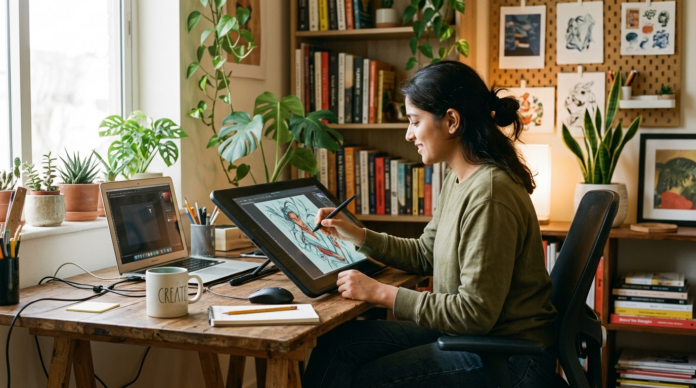 Self Employed फ्रीलांस डिज़ाइनर होम स्टूडियो में काम करते हुए