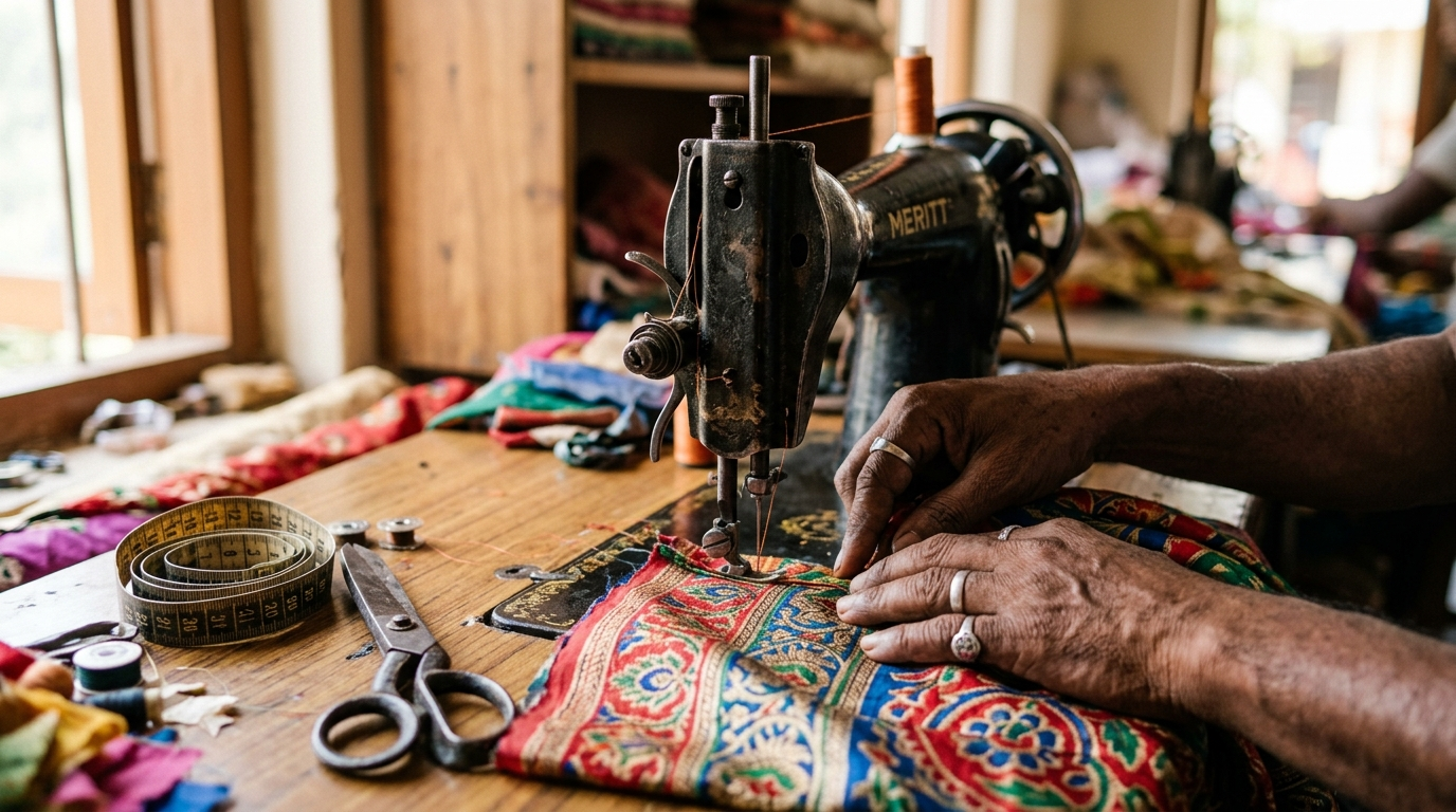 Self Employed दर्ज़ी सिलाई मशीन पर कपड़ा सिलते हुए हाथ