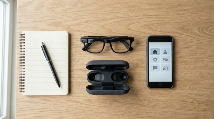 Smart Glasses और चार्जिंग केस डेस्क पर रखे हुए