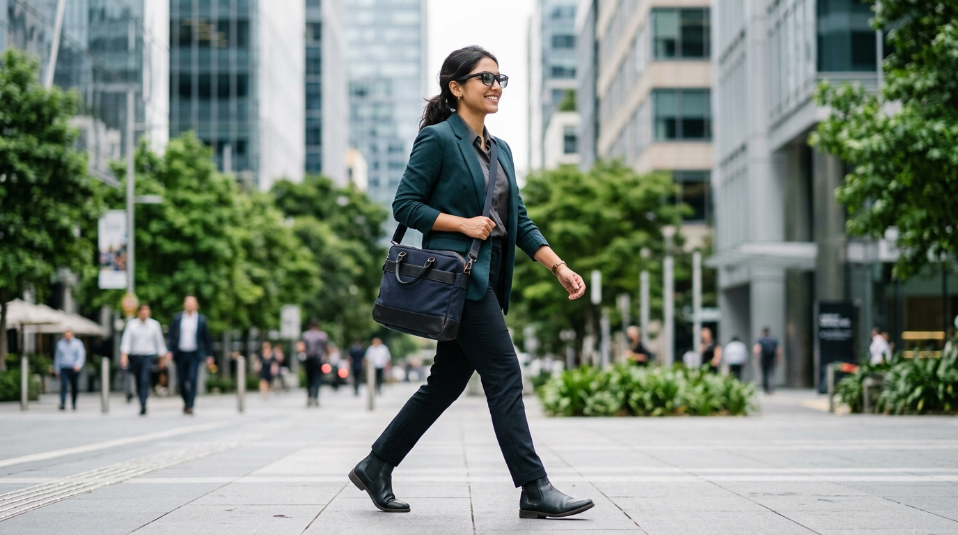 Smart Glasses पहनकर शहर में टहलता एक युवा प्रोफेशनल