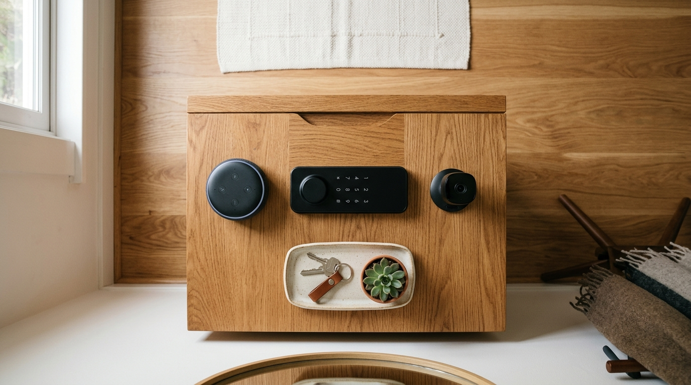 एंट्री टेबल पर रखे Smart Home Gadgets जैसे स्मार्ट लॉक और स्पीकर