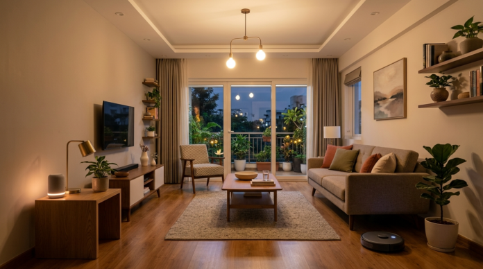 Smart Home Gadgets से सजा एक आधुनिक इंडियन लिविंग रूम