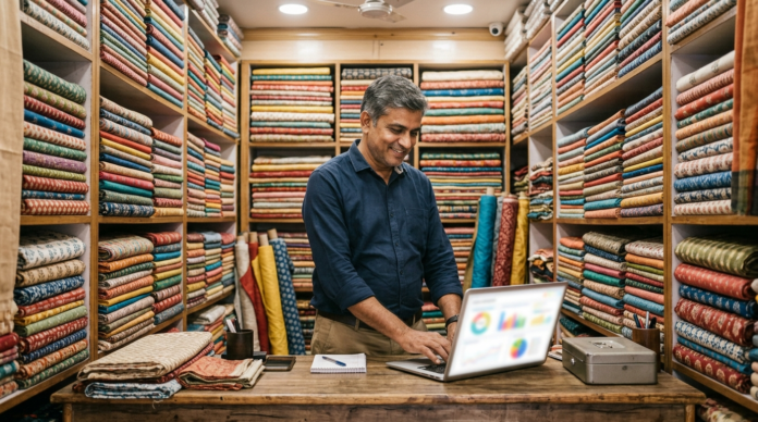SMEs की डिजिटल बिक्री डैशबोर्ड देखता कपड़ा दुकान मालिक