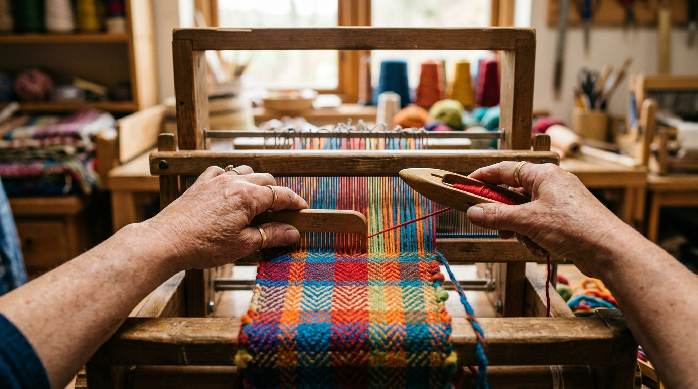 Social Enterprise के तहत हैंडलूम पर बुनाई करते हाथ