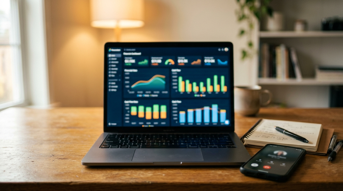 Virtual CFO सर्विस का कैश फ्लो डैशबोर्ड लैपटॉप स्क्रीन पर