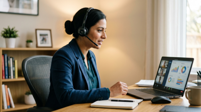 Virtual CFO क्लाइंट के साथ वीडियो कॉल पर वित्तीय डैशबोर्ड दिखाता कंसल्टेंट