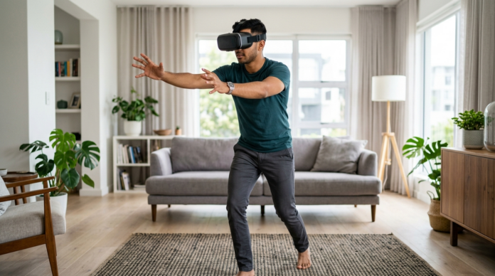Virtual Reality हेडसेट पहनकर वर्चुअल ऑब्जेक्ट छूता एक व्यक्ति