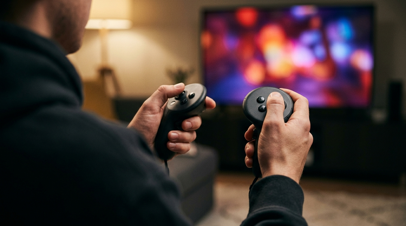 Virtual Reality कंट्रोलर हाथों में पकड़े हुए क्लोज़अप