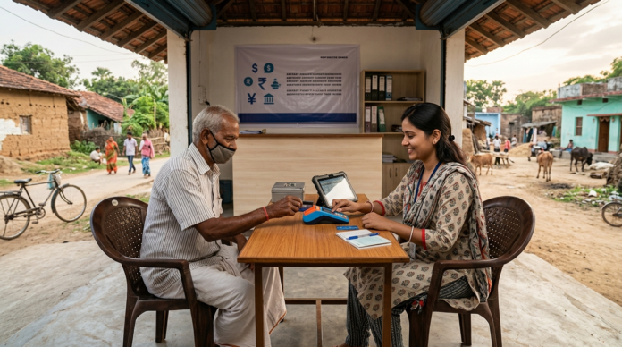 Aadhaar Enabled Payment System के तहत बैंकिंग कॉरेस्पॉन्डेंट से लेनदेन करता ग्रामीण ग्राहक