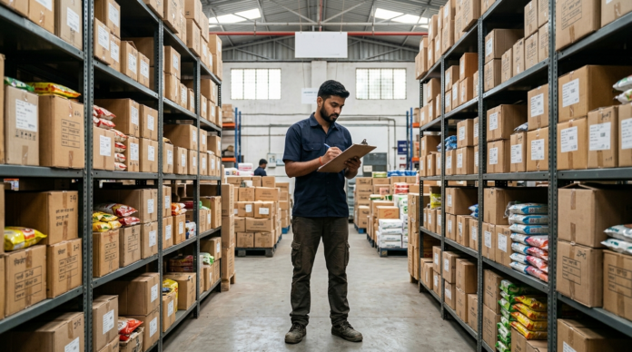 B2B Distribution Business में वेयरहाउस में स्टॉक चेक करता डिस्ट्रीब्यूटर