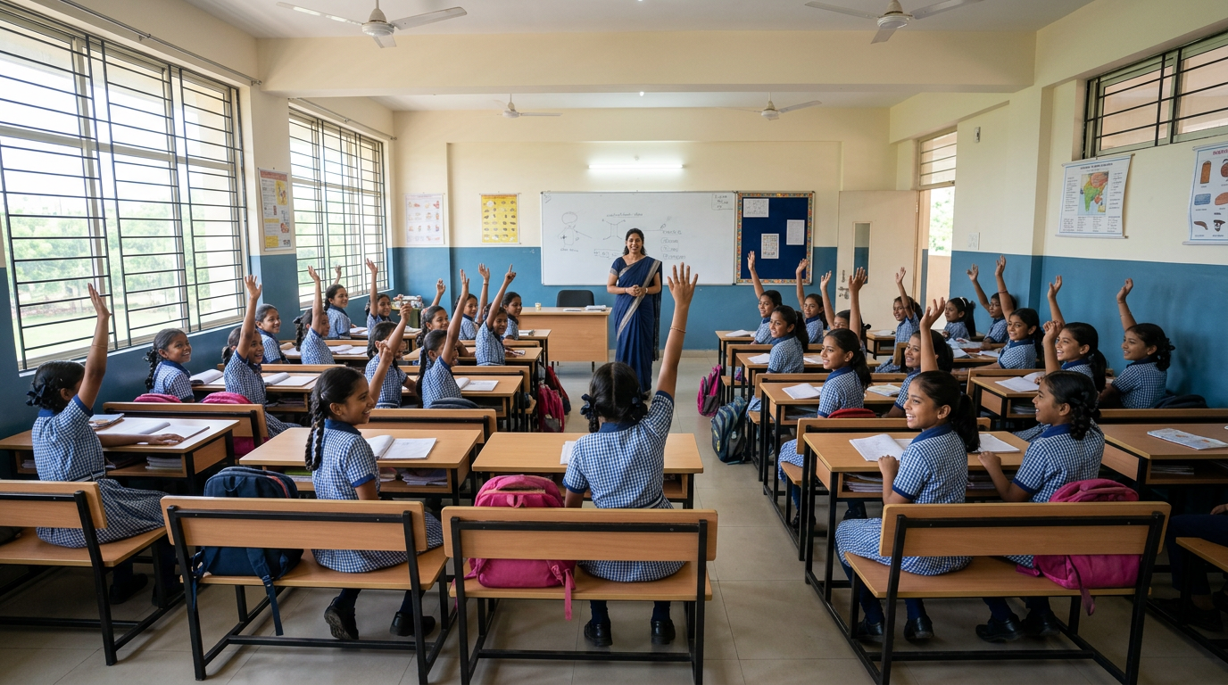 Beti Bachao Beti Padhao योजना के तहत क्लासरूम में पढ़ती लड़कियां