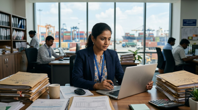 Bill of Entry के दस्तावेज रिव्यू करता कस्टम्स क्लियरिंग एजेंट
