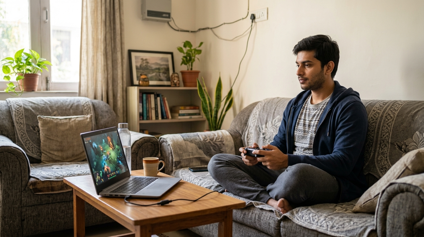 Cloud Gaming से बेसिक लैपटॉप पर गेम खेलता व्यक्ति