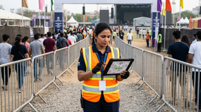 Crowd Management Services के तहत इवेंट प्लान रिव्यू करता कोऑर्डिनेटर
