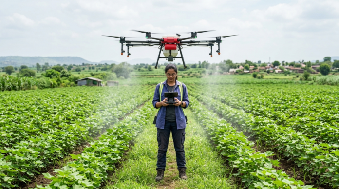 Drone Service Business के तहत खेत में स्प्रे करता ड्रोन पायलट