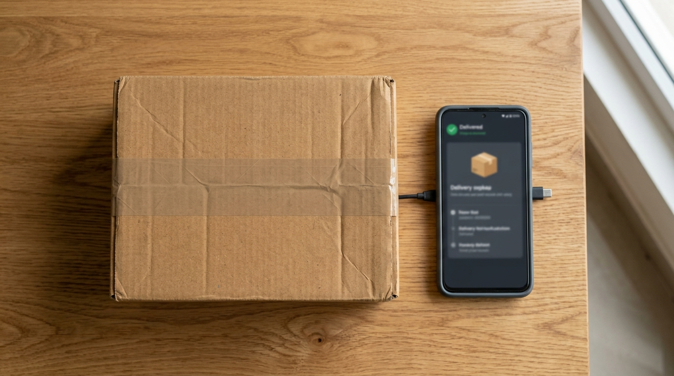 Dropshipping Return में पैकेज और डिलीवरी कन्फर्मेशन नोटिफिकेशन दिखाता स्मार्टफोन