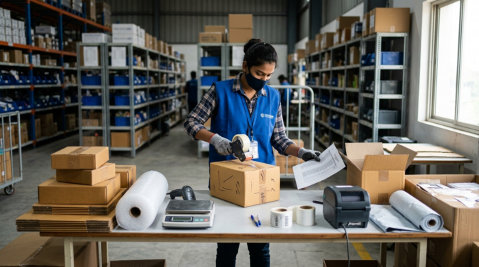 Dropshipping Return में पार्सल पैक करता वेयरहाउस वर्कर पता वेरिफाई करते हुए