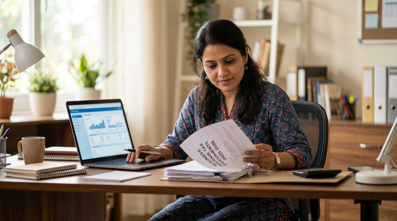 Dropshipping GST रजिस्ट्रेशन के लिए टैक्स दस्तावेज देखता बिजनेस मालिक