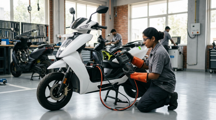 EV Service Center Business में बैटरी डायग्नोस्टिक चेक करता टेक्नीशियन