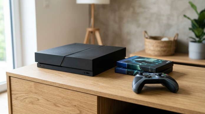 Gaming Console बॉक्स के साथ कंट्रोलर और गेम केसेस