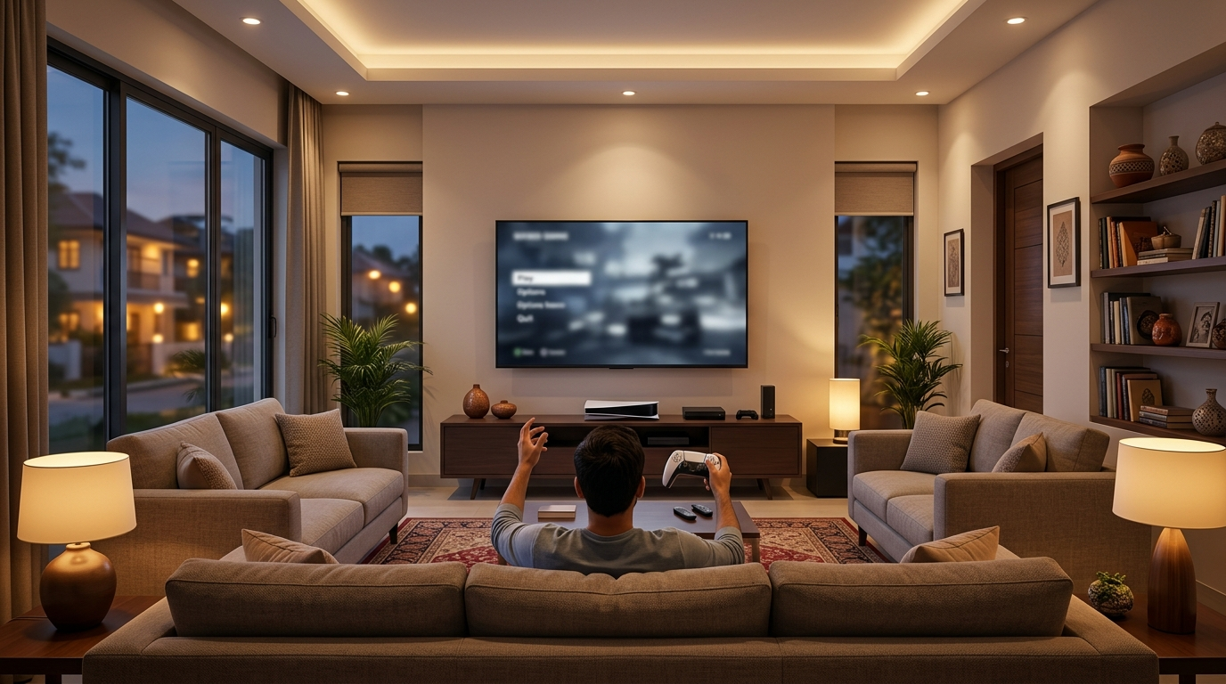 Gaming Console के साथ लिविंग रूम में गेम खेलता व्यक्ति