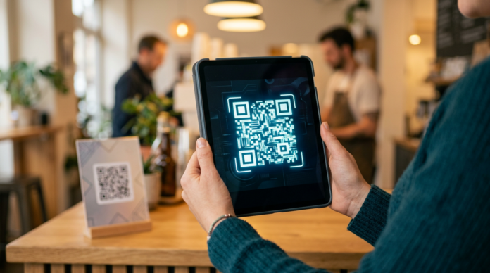 QR Code Creator से बनाया गया कोड टैबलेट पर दिखाते हुए दुकानदार