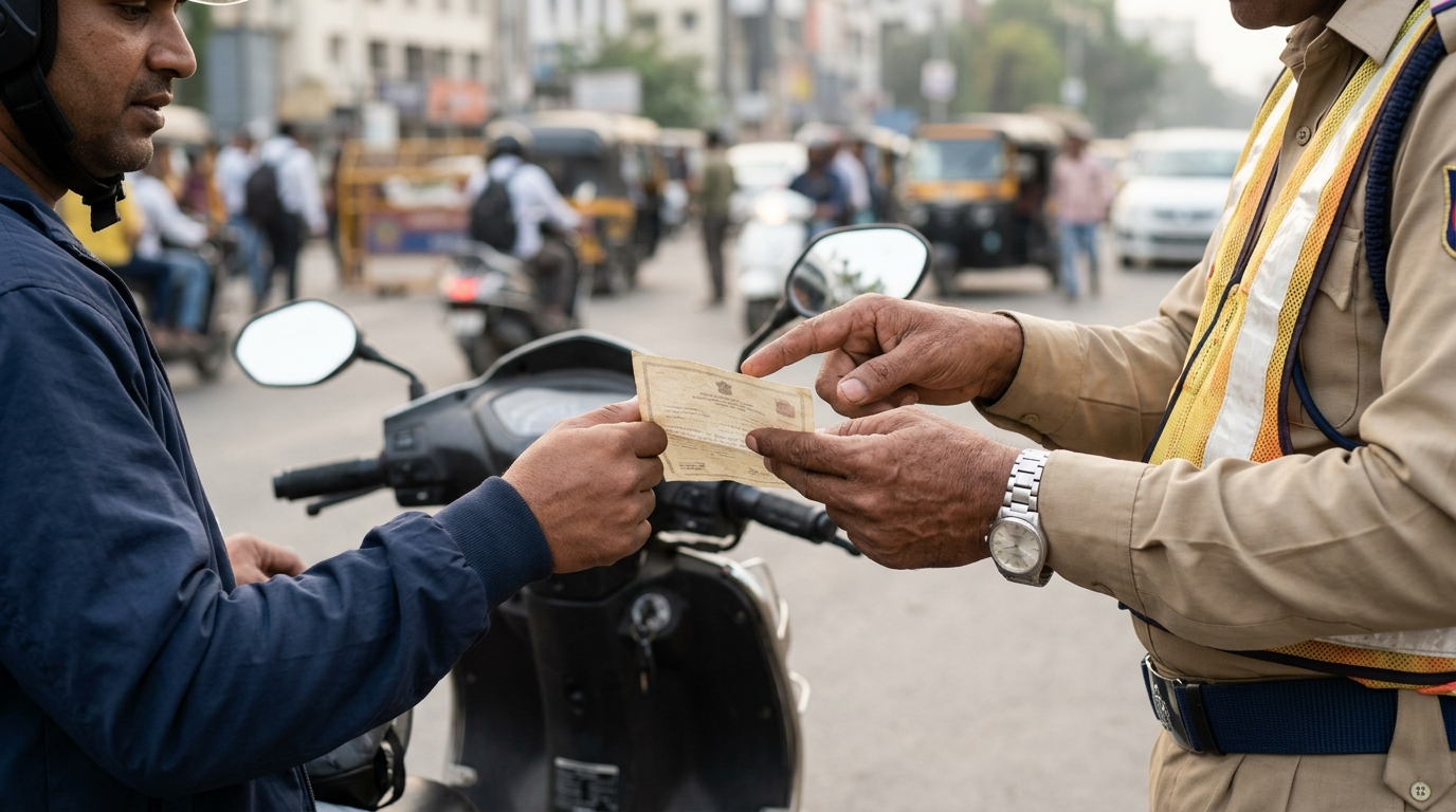 PUC Certificate ट्रैफिक पुलिस द्वारा चेक करते हुए