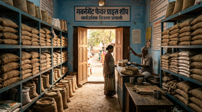 Ration Card से सस्ता राशन लेती हुई भारतीय राशन दुकान