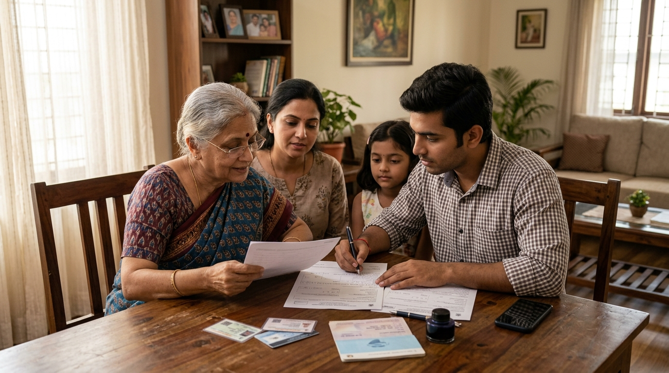 परिवार Ration Card के लिए आवेदन फॉर्म भरते हुए घर पर