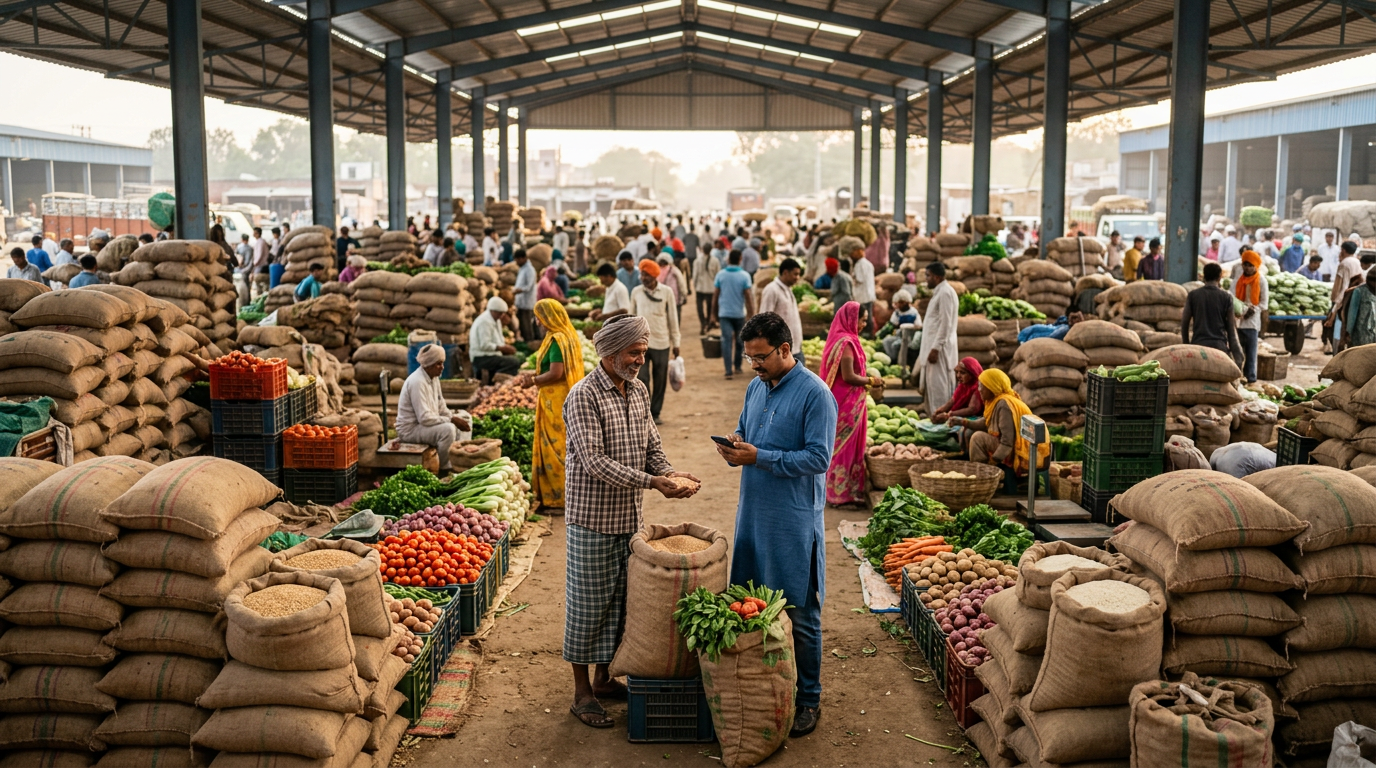 e-NAM मंडी में किसान अपनी फसल दिखाते हुए