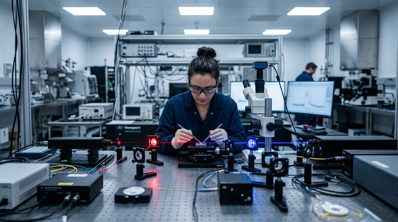 वैज्ञानिक Optical Computing रिसर्च लैब में ऑप्टिकल चिप की जांच करते हुए