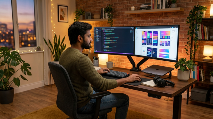Full Stack Developer अपने वर्कस्पेस में कोडिंग करते हुए