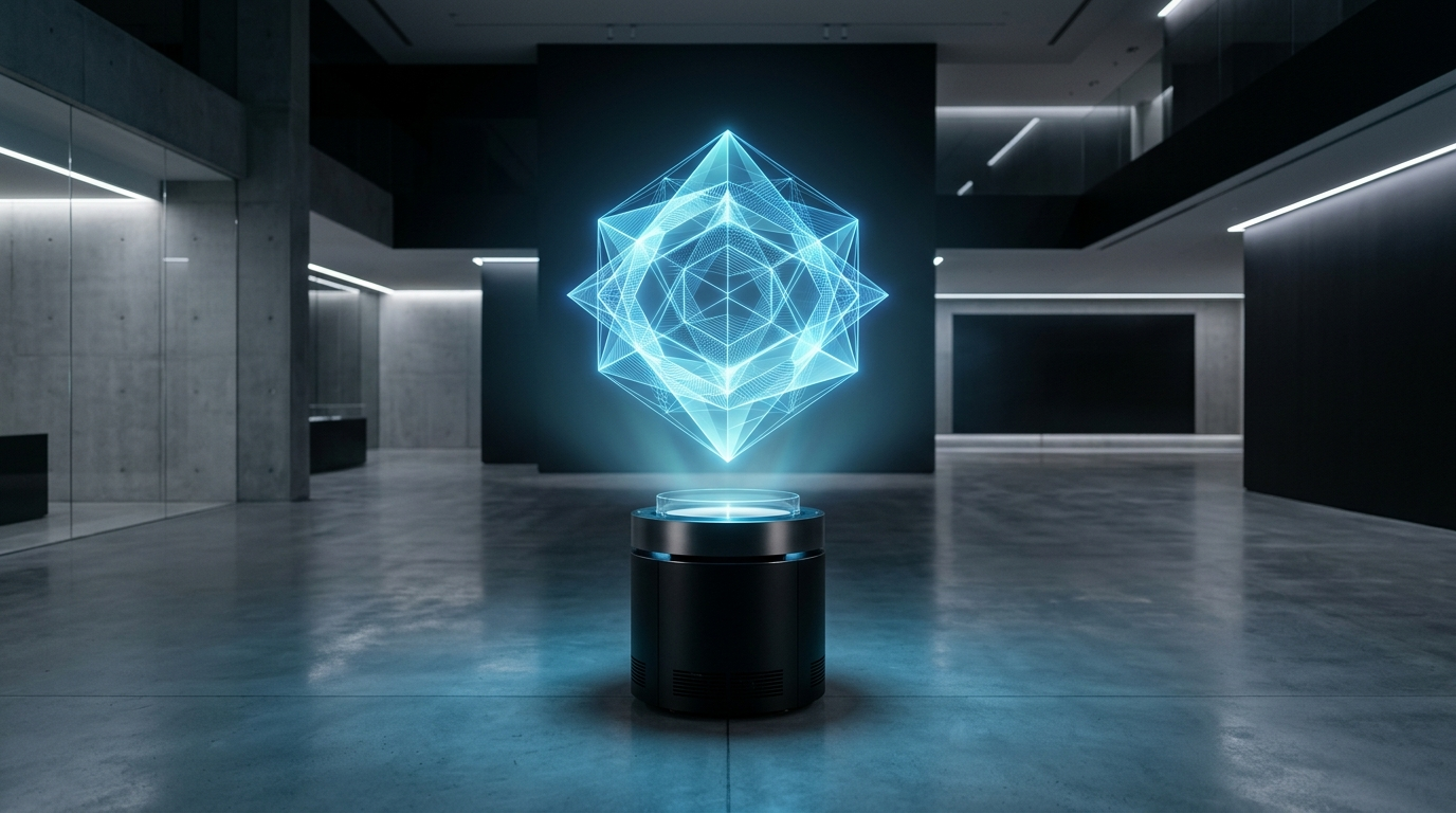 Hologram हवा में उभरता ग्लोइंग थ्री-डायमेंशनल ऑब्जेक्ट