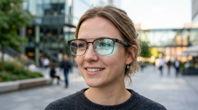 Google Glass जैसा स्मार्ट चश्मा पहने व्यक्ति का क्लोज-अप