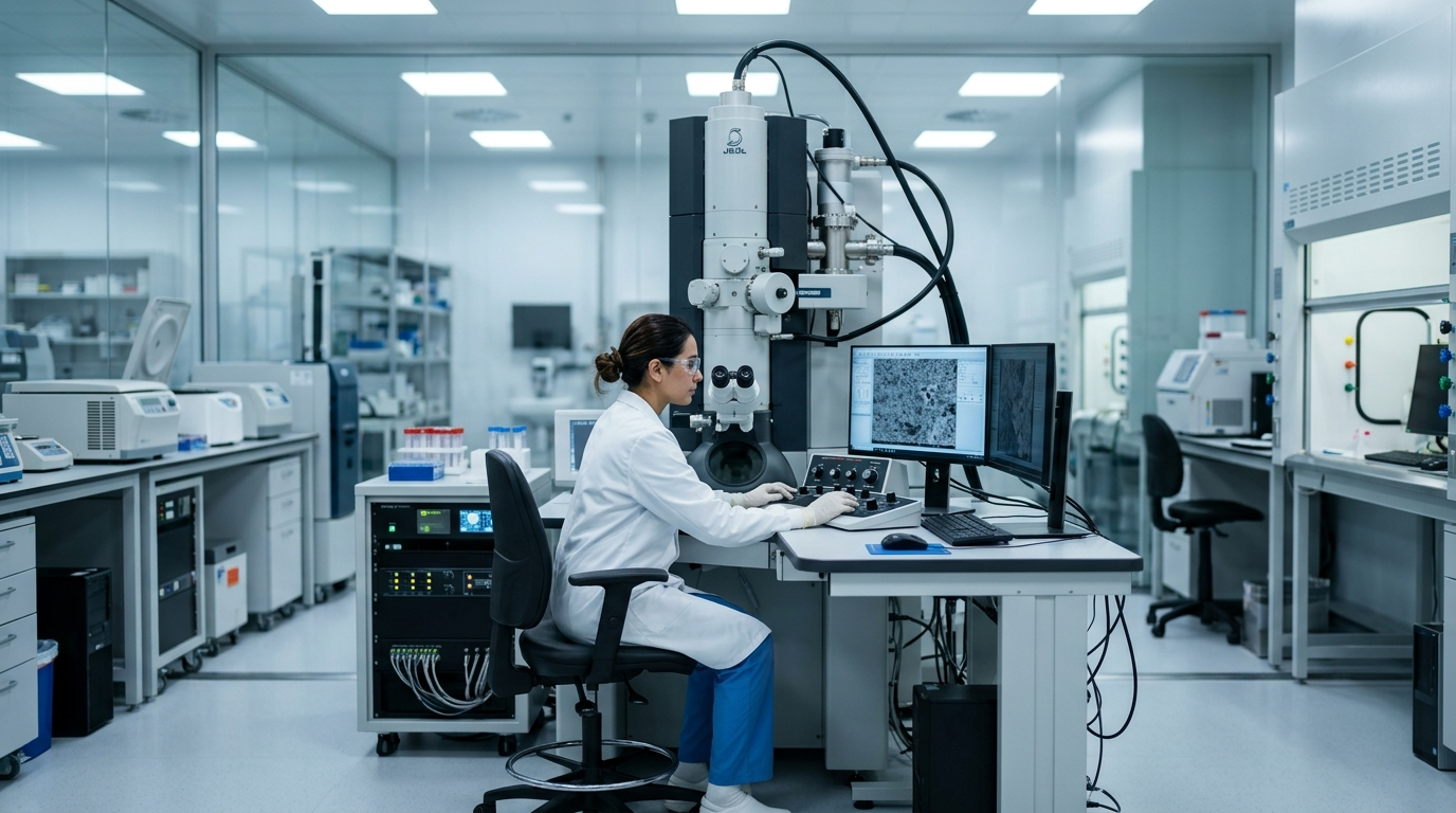 वैज्ञानिक Nanotechnology रिसर्च के लिए इलेक्ट्रॉन माइक्रोस्कोप इस्तेमाल करते हुए
