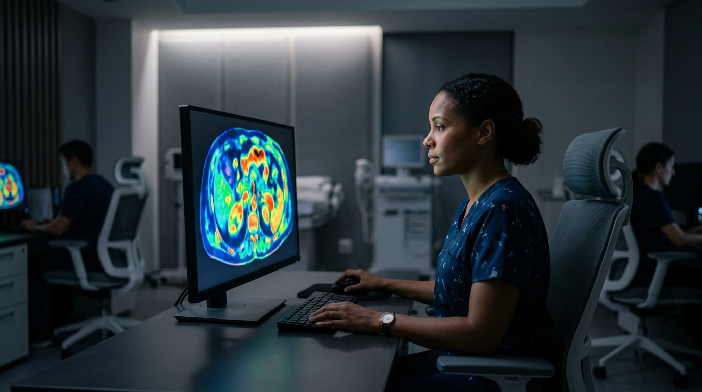 रेडियोलॉजिस्ट Nuclear Medicine स्कैन रिपोर्ट देखते हुए
