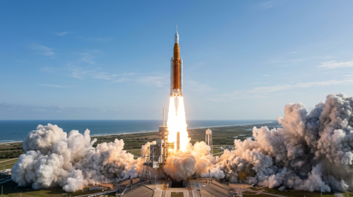 Space Launch System रॉकेट लॉन्च पैड से उड़ान भरते हुए