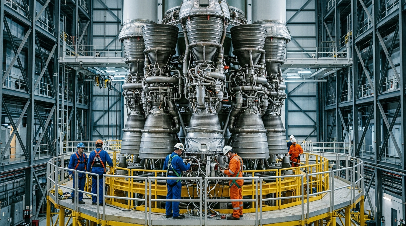 Space Launch System रॉकेट असेंबली फैसिलिटी में इंजीनियरों के साथ