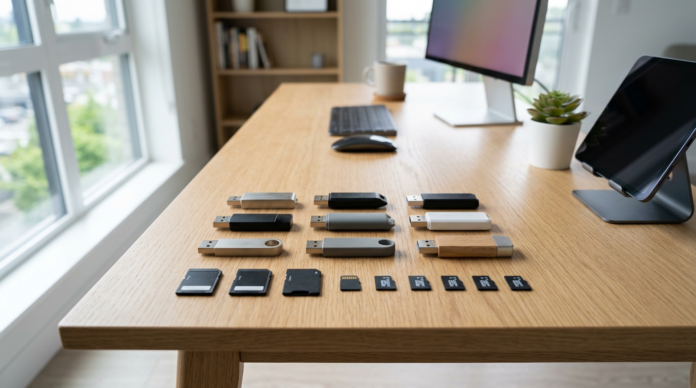 Non Volatile Memory USB ड्राइव और मेमोरी कार्ड डेस्क पर रखे हुए